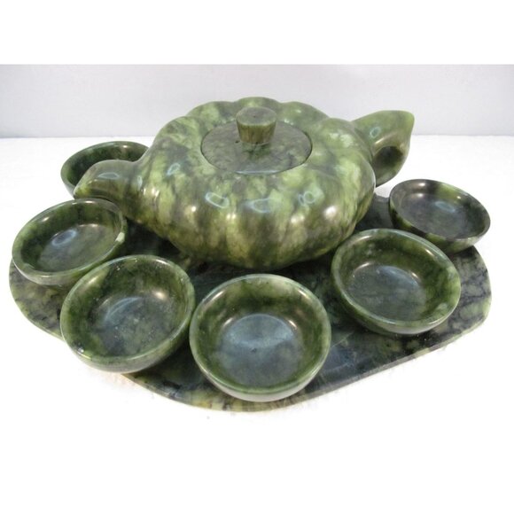 Vintage Asian Jade Teapot Cups and Tray Set in Original Box - Picture 16 of 16